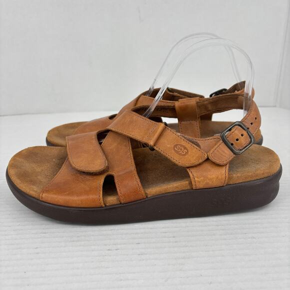 SAS Huggy Sandals Womens Size 11 Wide Carmel Brown Leather Adjustable Straps - Picture 4 of 10